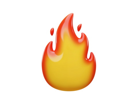 Stylized 3d rendering of a bright orange and yellow flame icon with glowing highlights isolated on transparent background