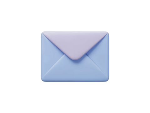 A cute light blue and purple 3d rendered envelope icon representing email communication and messaging isolated on transparent background