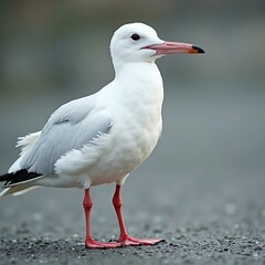 Fototapeta premium Elegant White Gull with Red Legs Stands Alert on a Textured Ground