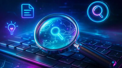 Magnifying Glass over Keyboard with Digital Search and Document Icons - Powered by Adobe