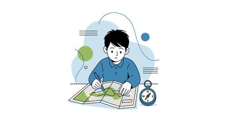 Naklejka premium Young Explorer Plotting Route On a Map With Compass and Focused Determination