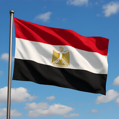 Egypt flag waving in the bright blue sky.