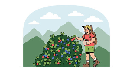 Fototapeta premium Young Person Harvesting Berries In Nature During Sunny Sky Day And Green Mountain View