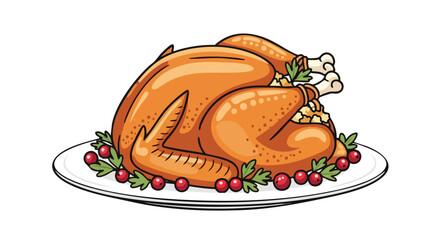 Festive roasted turkey with berry garnish, illustration of celebration feast, perfect for seasonal card design, banner or holiday promotion
