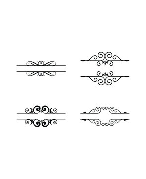 Set of four intricate black calligraphic decorative dividers with ornate central details on an isolated white background, elegant heading accents