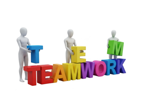 Three mannequins constructing the word teamwork with colorful letters isolated on transparent background
