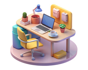 3d illustration of a desk with laptop and office supplies isolated on transparent background