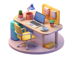3d illustration of a desk with laptop and office supplies isolated on transparent background