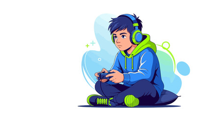 Fototapeta premium Young Gamer Immersed In Gaming, Enjoying The Virtual World With Headphones On And Controller