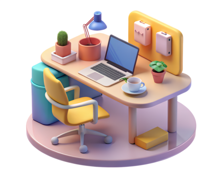 3d illustration of a desk with laptop and office supplies isolated on transparent background - Powered by Adobe