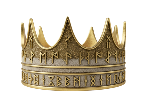 A detailed golden crown, adorned with intricate runes and a textured surface, stands out against a dark backdrop.