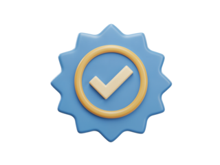 3d rendered light blue verified badge with a golden checkmark inside a circle isolated on transparent background