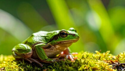 Obraz premium Close-up of a vibrant green frog on mossy ground