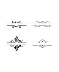 Set of four flowing black calligraphic decorative dividers and frame elements on an isolated white background, symmetrical page accents
