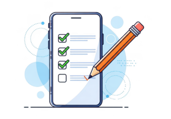 Smartphone displaying a completed checklist with a pencil poised for action isolated on transparent background