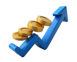 Illustration of blue arrow with coins showing financial growth isolated on transparent background