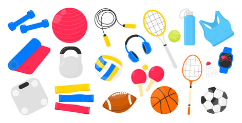 Flat vector set of fitness and sport equipment including gym accessories, workout gear, balls, racket, smartwatch and healthy lifestyle items. Isolated objects for design.
