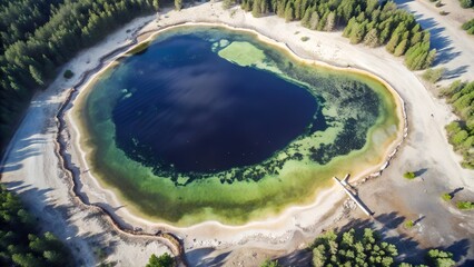 Fototapeta premium Top-Down View of a Vibrant Oxbow Lake with Colorful Shoreline and Surrounding Pine Forest