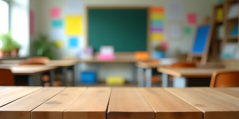 Wooden desk in front, colorful blurred classroom background with education posters, blackboard and shelves.
