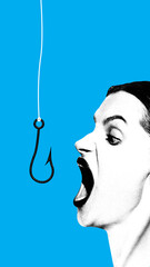 Creative collage. Woman with open mouth facing sharp fishhook on blue background. Concept of...