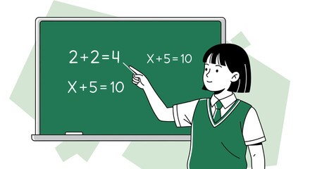 Young Pupil Explaining Mathematical Concepts On Green Chalkboard In Classroom Setting