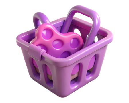 Illustration of purple shopping basket with a pink heart shape inside, isolated on transparent background