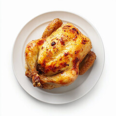 Roasted chicken on a plate isolated on a white background top view