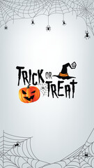 Halloween Trick or Treat Background with Pumpkin, Witch Hat, and Spiders