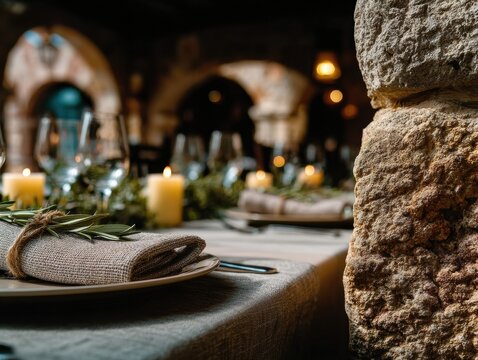 Rustic Italian wedding wooden tables, ceramic vases and Mediterranean decor. Still life compositions with flowers, dishes and authentic Tuscan atmosphere