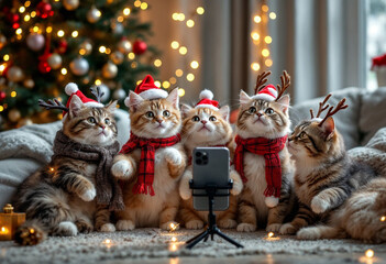 Cats dressed in festive outfits posing for Christmas selfies.