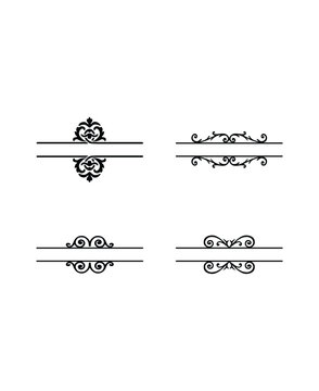 Set of four bold black calligraphic decorative dividers and heading accents on an isolated white background, vintage design elements