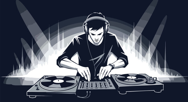 Monochrome DJ Illustration Creating a Vibrant Musical Experience with Turntables and Headphones