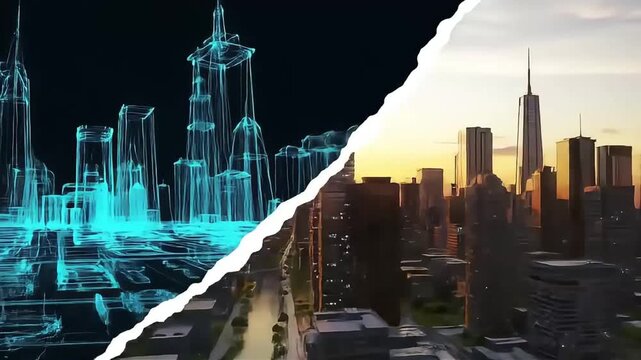 Digital City Blueprint Transforming into a Realistic Modern Metropolis at Sunset.