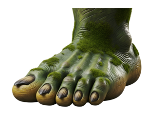 A detailed close-up of a large, mossy foot with sharp claws, set against a stark black backdrop.