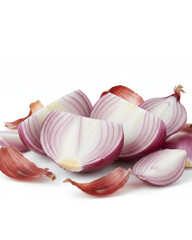 High-resolution close-up of fresh red onion halves and slices with onion skins, isolated on a clean white background. Perfect for culinary design, healthy food concepts, nutrition, grocery advertising