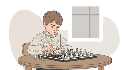 Young Strategist Contemplating His Next Chess Move During A Calm and Engaging Game