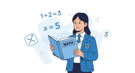 Young Student Concentrates While Reading Math Textbook, Solving Equations, and Learning