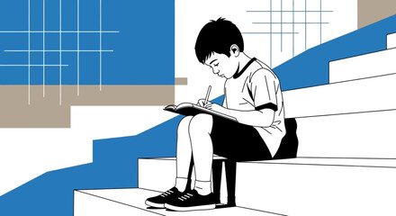 Young Student Concentrates While Sitting On Stairs, Focused On Writing In The Notebook