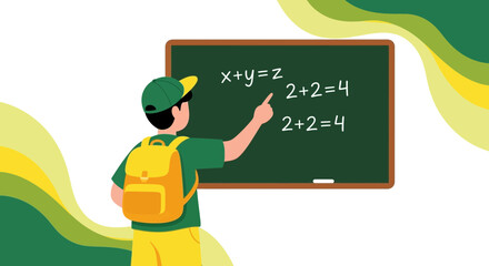 Young Student Explaining Math Problems In Front Of a Blackboard With Calculations