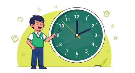 Young Student Explaining Time Measurement Concept With Clock Face Illustration