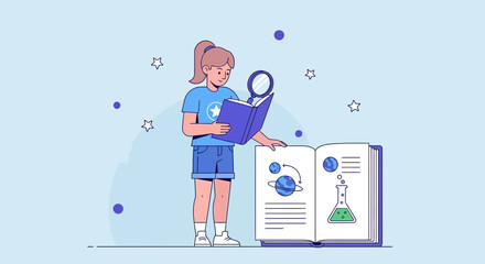 Young student exploring science by reading a book, cartoon illustration style