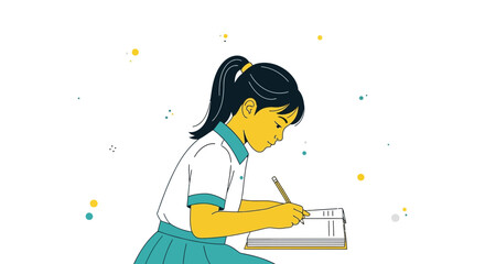 Young Student Focused On Writing Assignment In Simplified Colorful Illustration