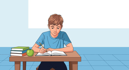 Young student focused on writing in his notebook with books and an apple at the desk