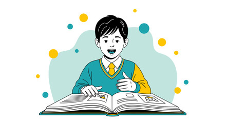 Young Student Joyfully Reading Book: Illustration of Education, Learning, and Enlightenment