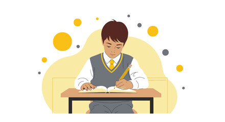 Young student in school uniform writing in a notebook at her desk studying hard at school