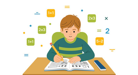 Young Student Joyfully Solving Arithmetic Problems While Studying Mathematics Actively