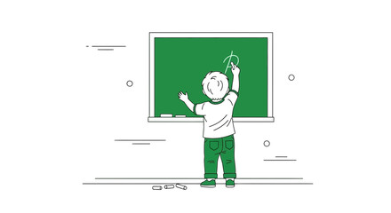 Young Student Learns Alphabet And Writes On Blackboard In The Schoolroom