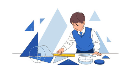Young Student Measures Geometric Objects While Studying Geometry With Ruler on a table