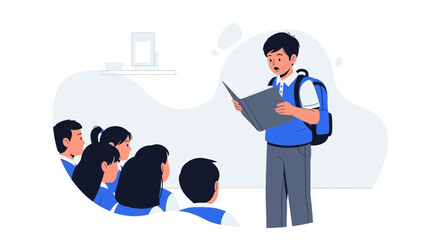 Young Student Reading Aloud To Classmates In A Classroom, School Education Illustration
