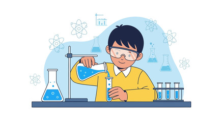 Young student scientist pouring liquid in a lab illustration or science experiment